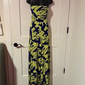 Fashion Nova Neon Yellow and Navy Strapless Maxi Jumpsuit